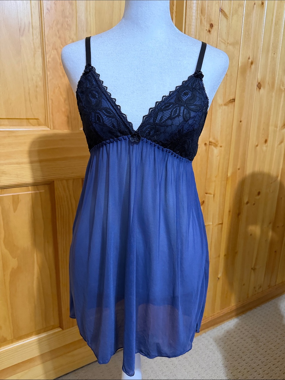 Tart Noir Sheer Blue Chemise Nightie with Black Lace Bodice.  Size Small.